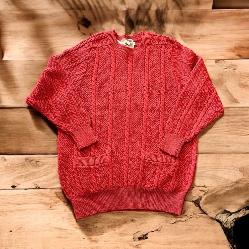 Vintage JH Collectible Western Wool Cable Knit Pocket Crew Neck Sweater Red Med